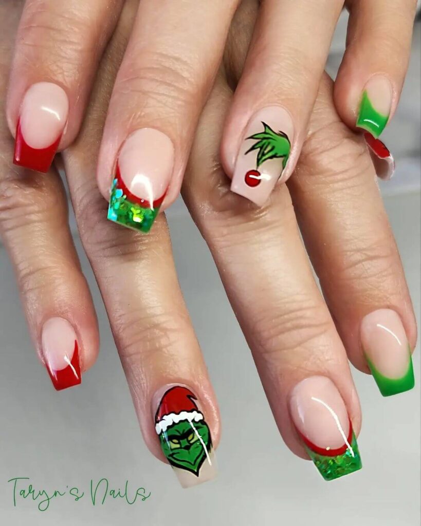 green-and-red-tip-french-grinch-nail-design