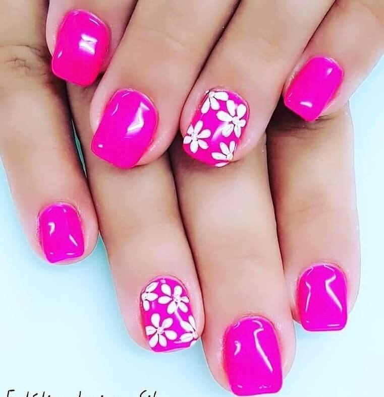 Bright Summer Pink Nails with Daisies and Gel Polish
