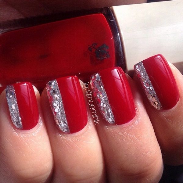 bold red nails with stripe of silver sparkle