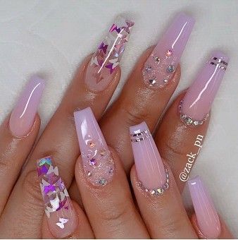 coffin pink ombre nails with butterfly design