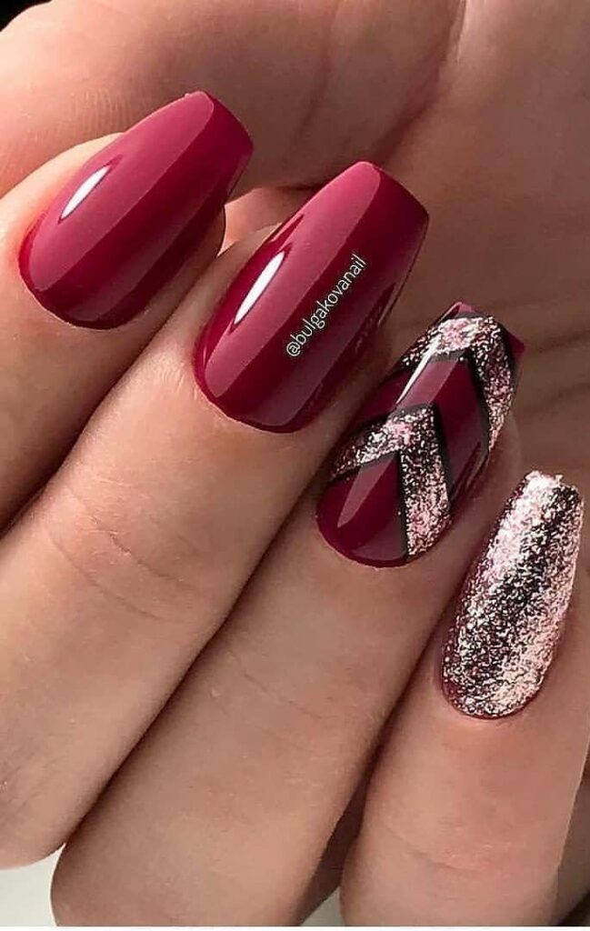 dark coffin red nail with silver glitter