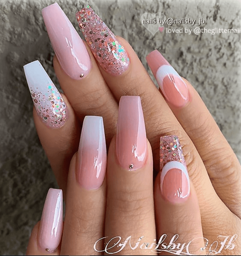 light pink coffin nails with glitter