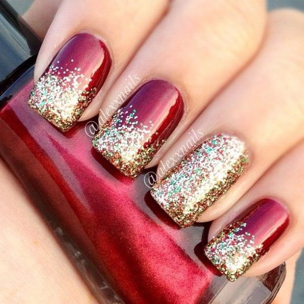red and gold sparkle nails