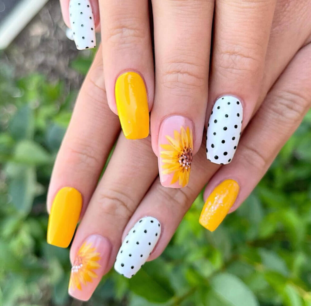 Yellow-white-polka-dot-sunflower-nail-art