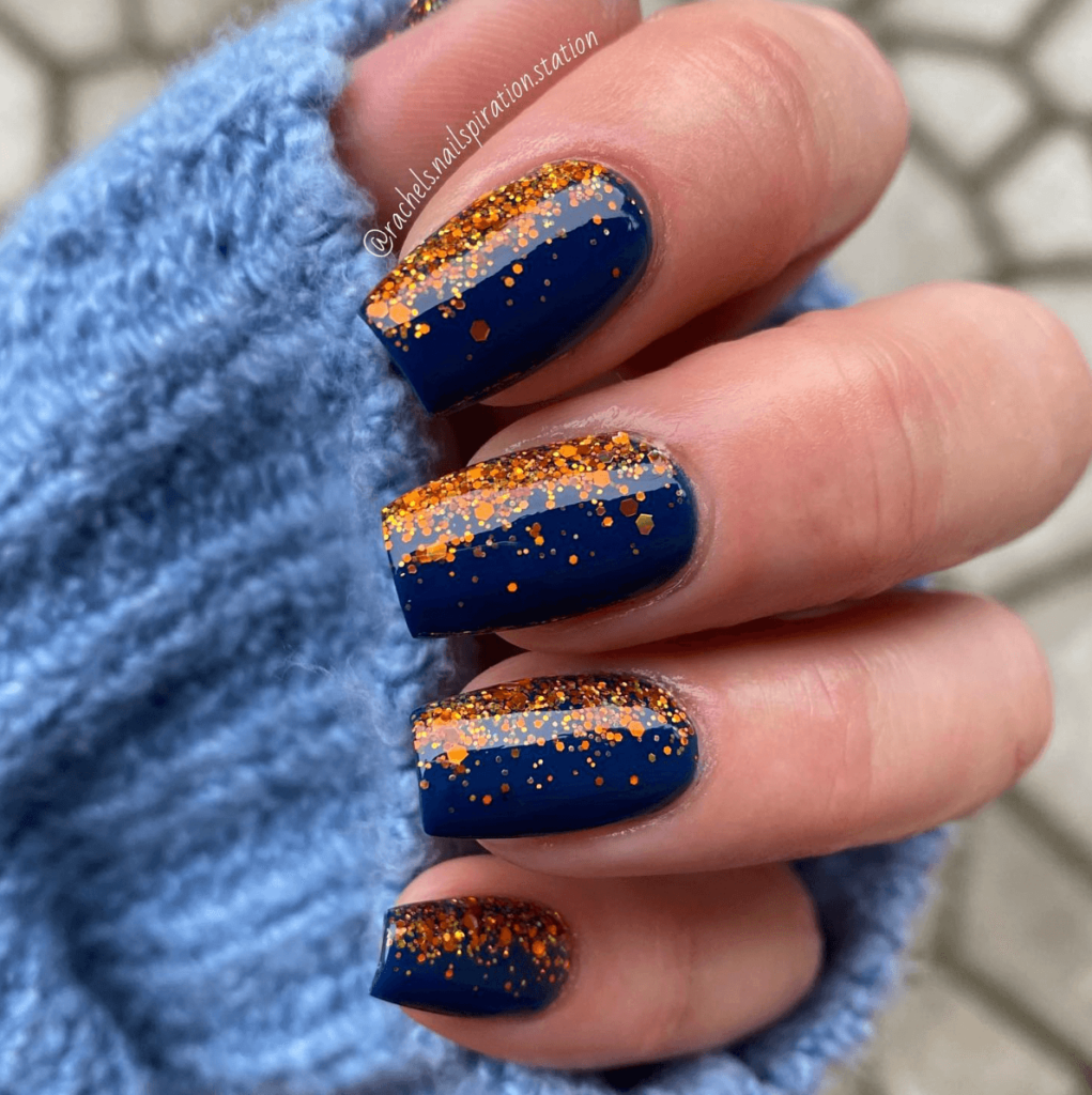 Sparkling-gold-fall-leaves-blue-nails