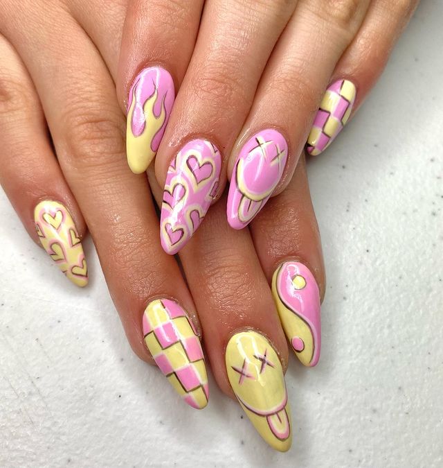 06-Cute Pink and Yellow Nails