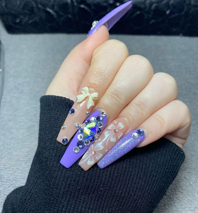17-Pink and Purple Nails with Rhinestones