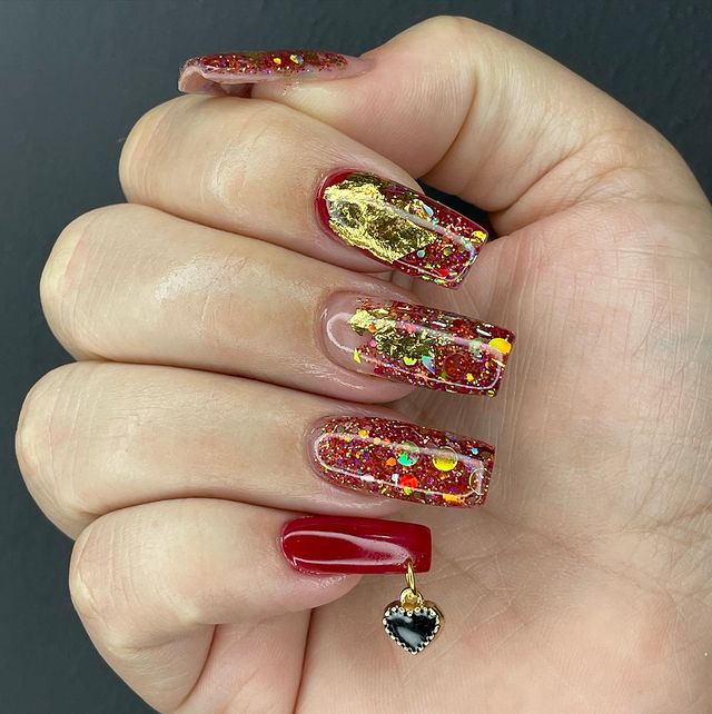 20-Red and Yellow Glitter Nails
