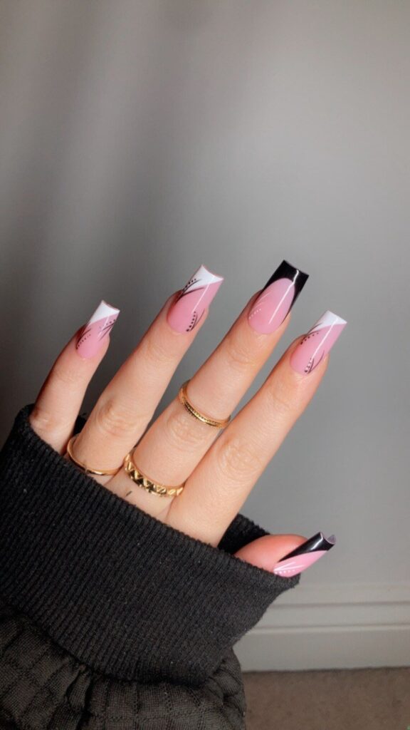 07-Pink Black and White Nails