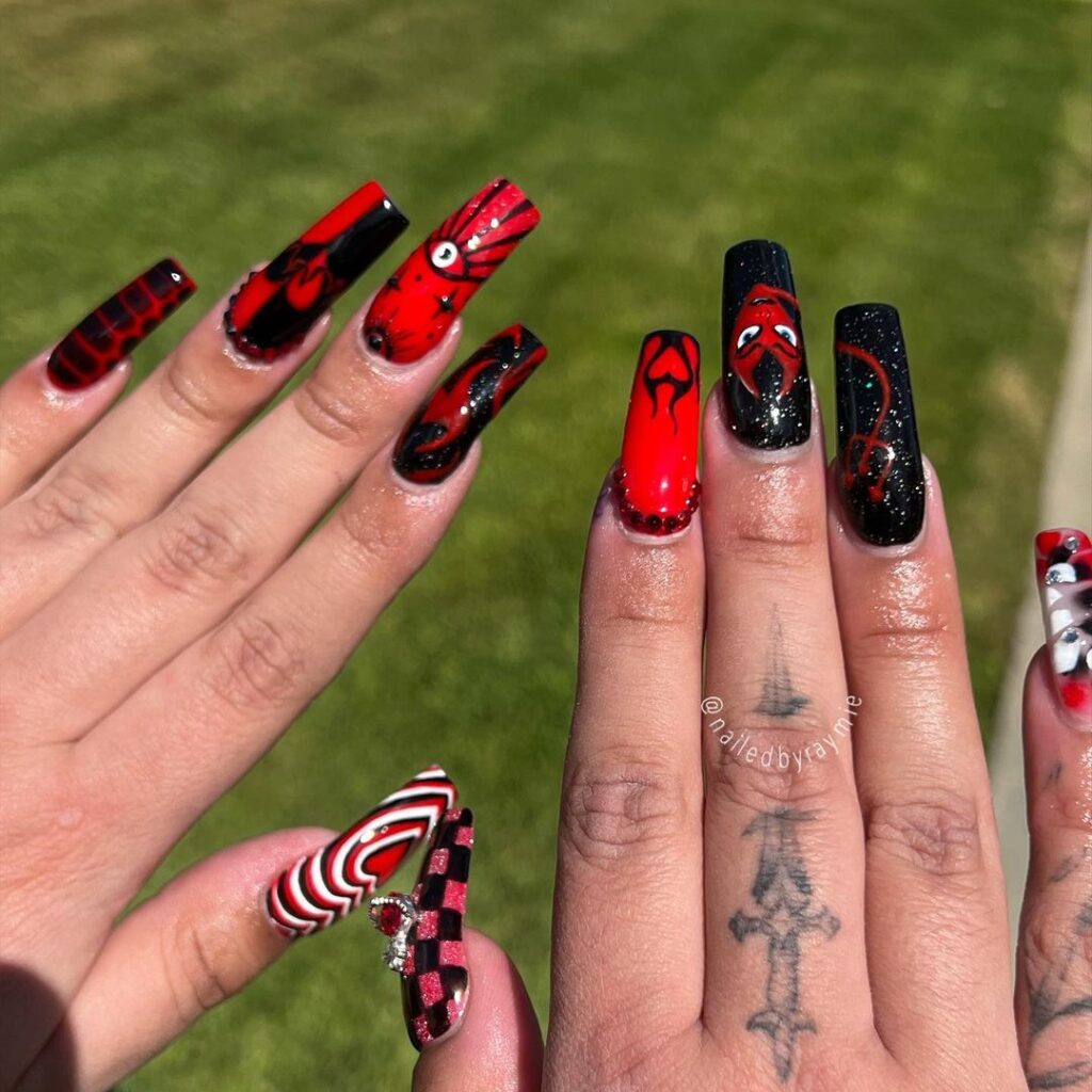 10-Red, Black, and White Nails