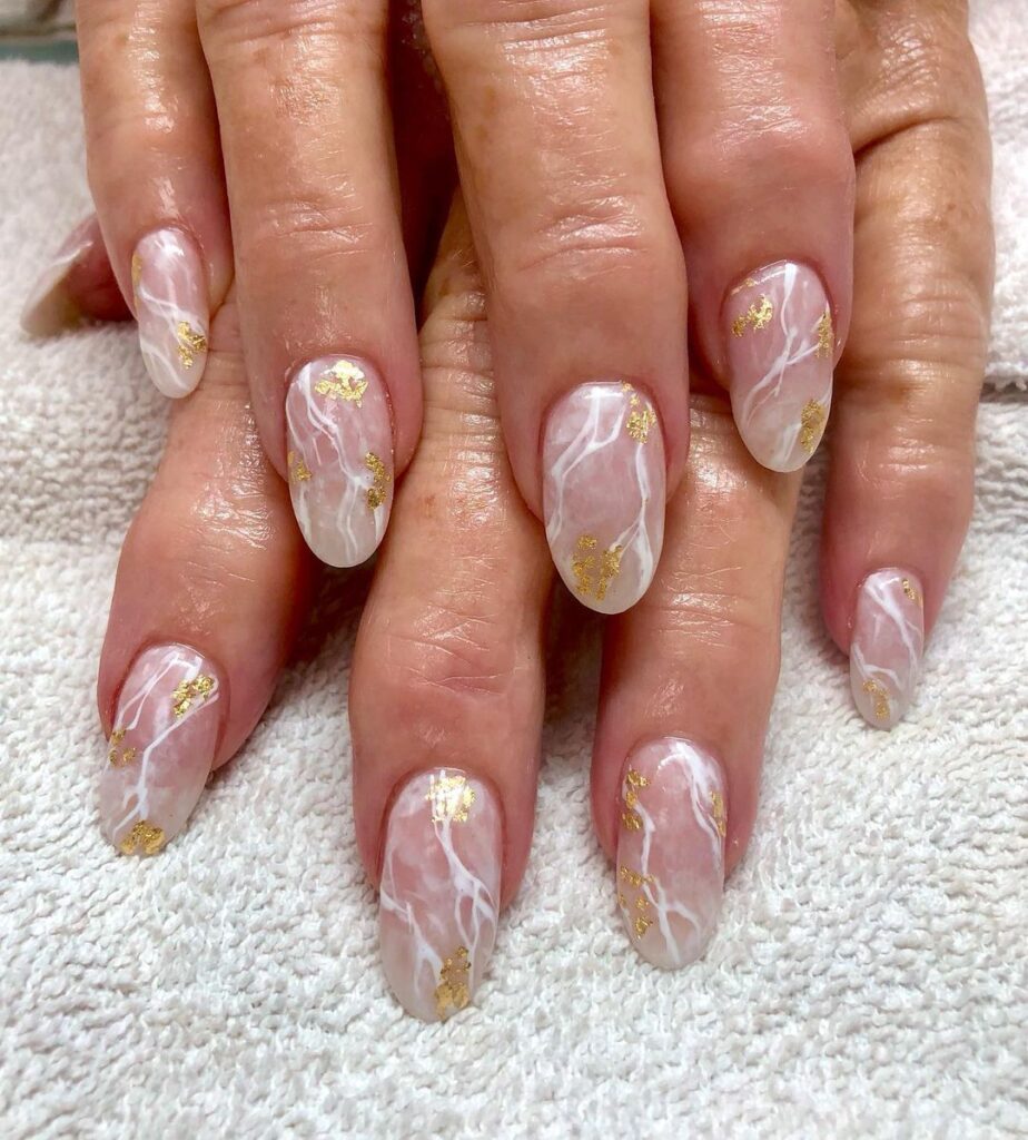 20-White and Gold Marble Nails