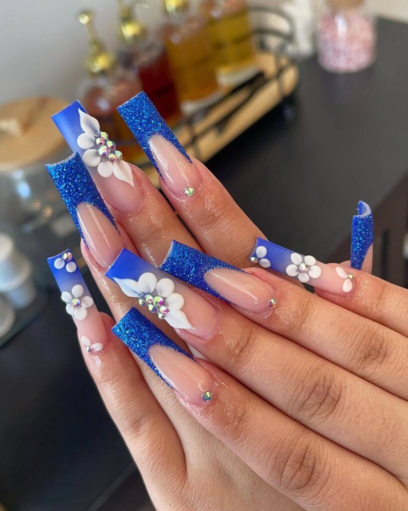 Royal Blue Nails with Flower Design