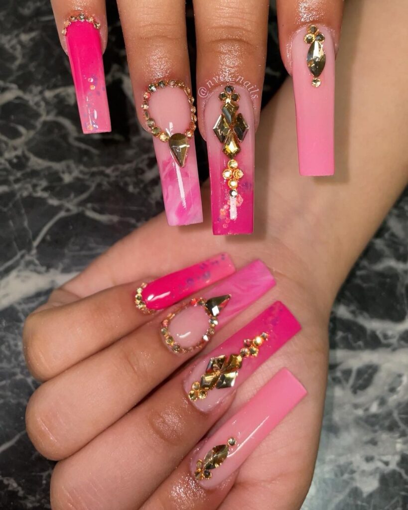 04-Diamond-Studded Hot Pink Nails