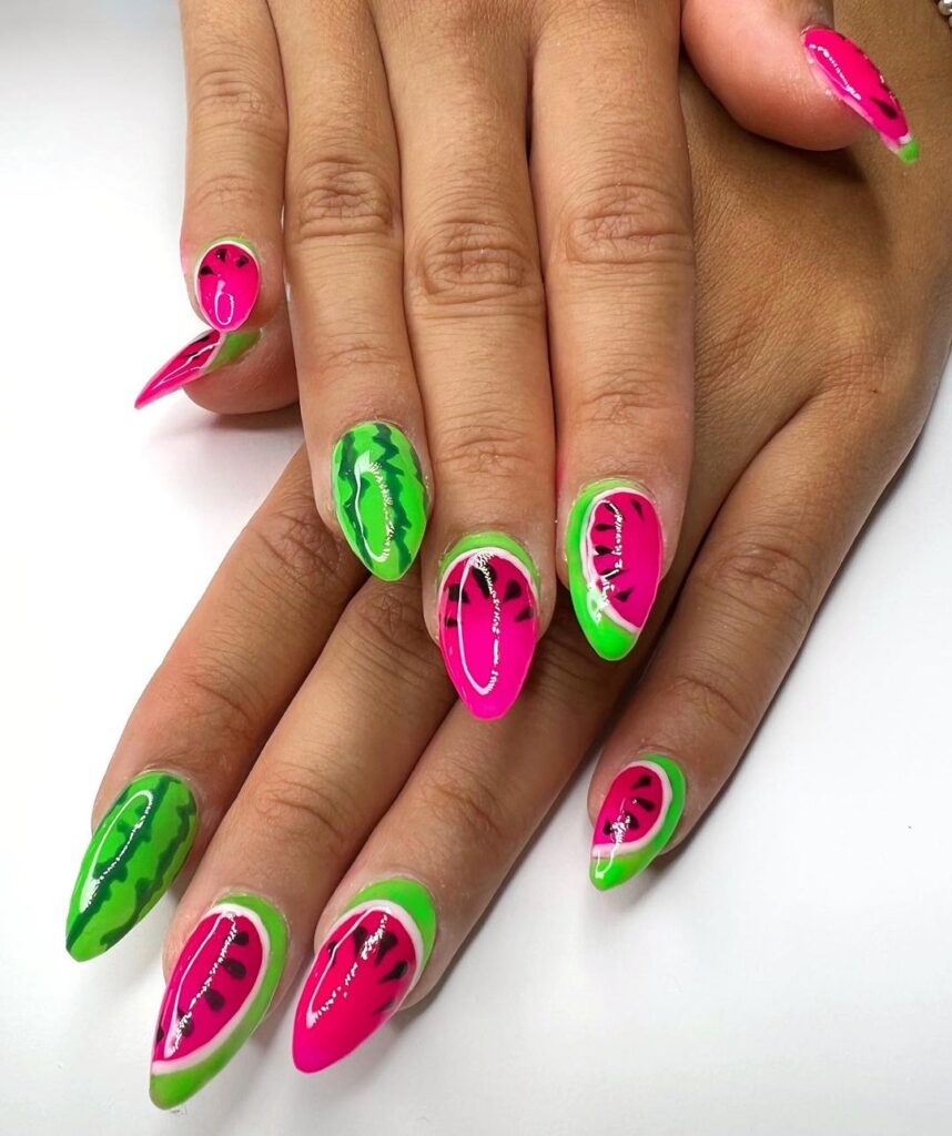 04-Vibrant Watermelon Acrylic Nails