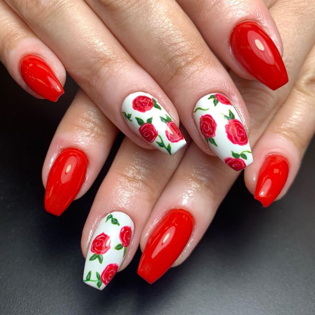 04-White and Red Rose Acrylic Nails