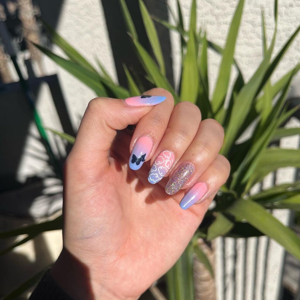 05-Pink and Sky Blue Ombre Nails