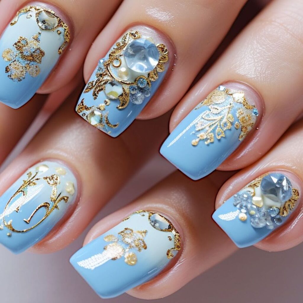 10-Sky Blue and Gold Royal Nails