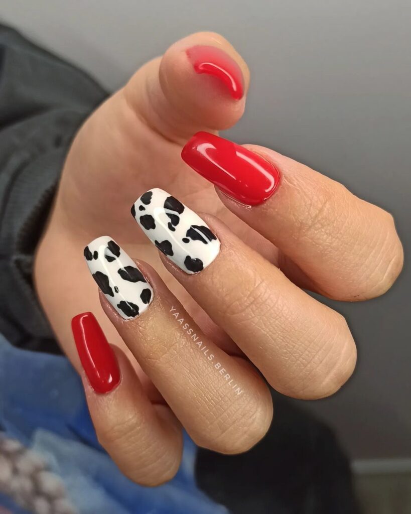 14-Bold Red Cow Print Nails-J