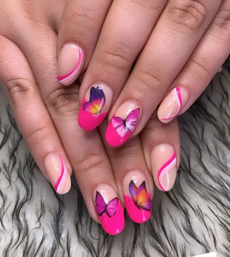14-Swirly Hot Pink Butterfly Nails