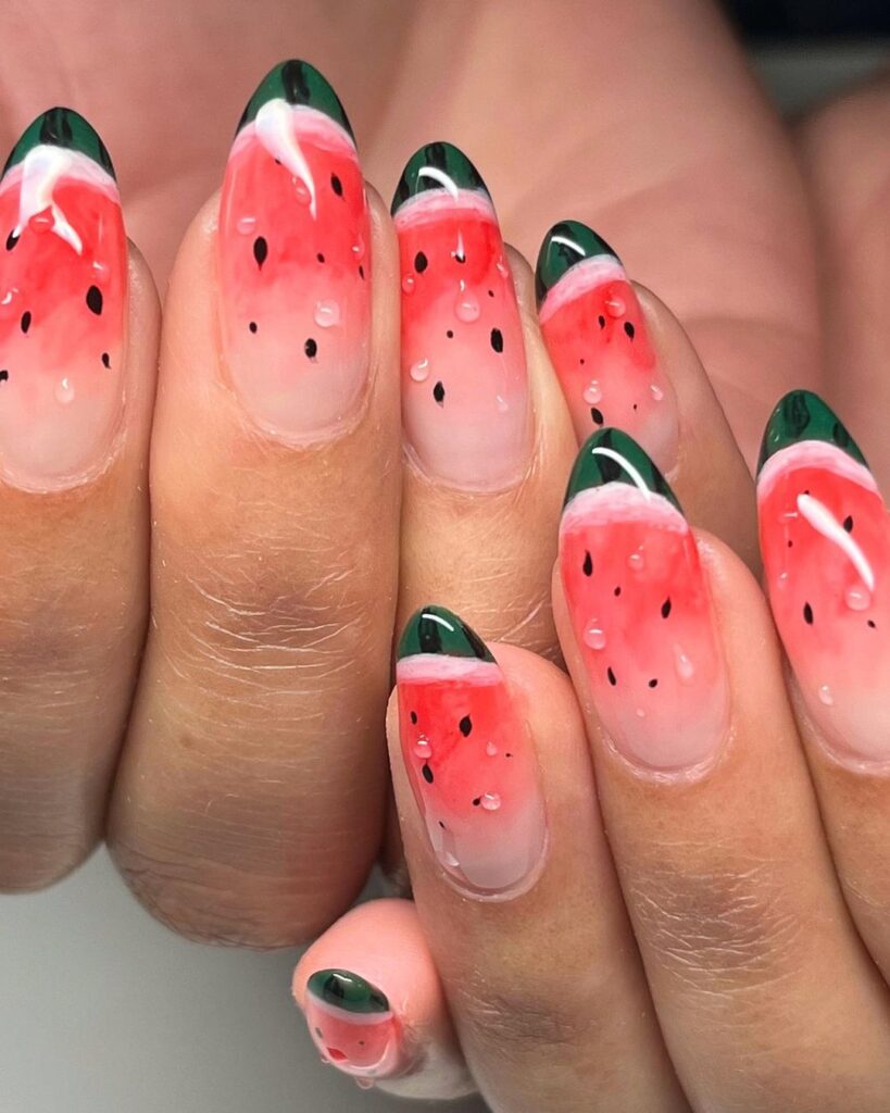 18-Dewy Watermelon Almond Nails