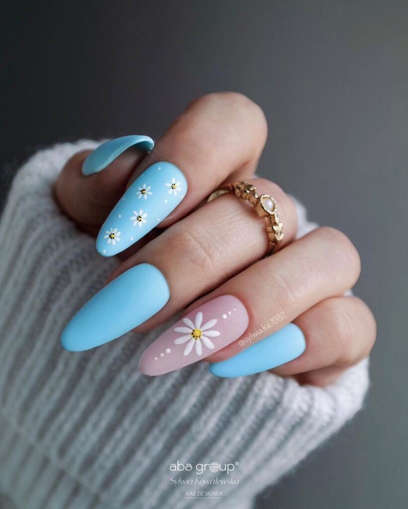 18-Light Blue and Pink Floral Nails