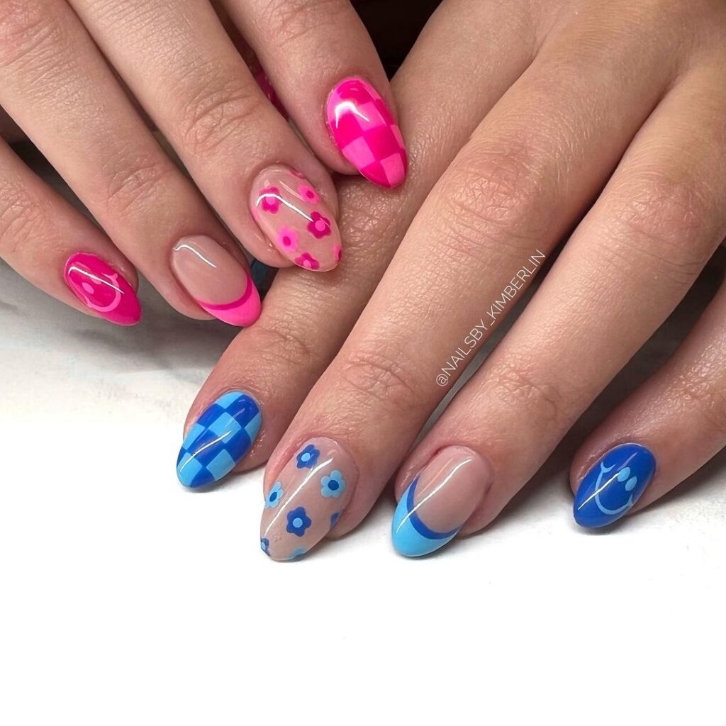 20-Flower Power Hot Pink and Blue Nails