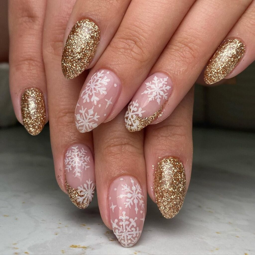 20-Snowflakes and Gold Winter Nails