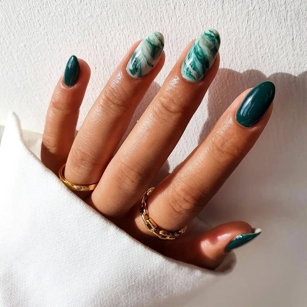 Emerald Green Marble Nails Almond Shaped