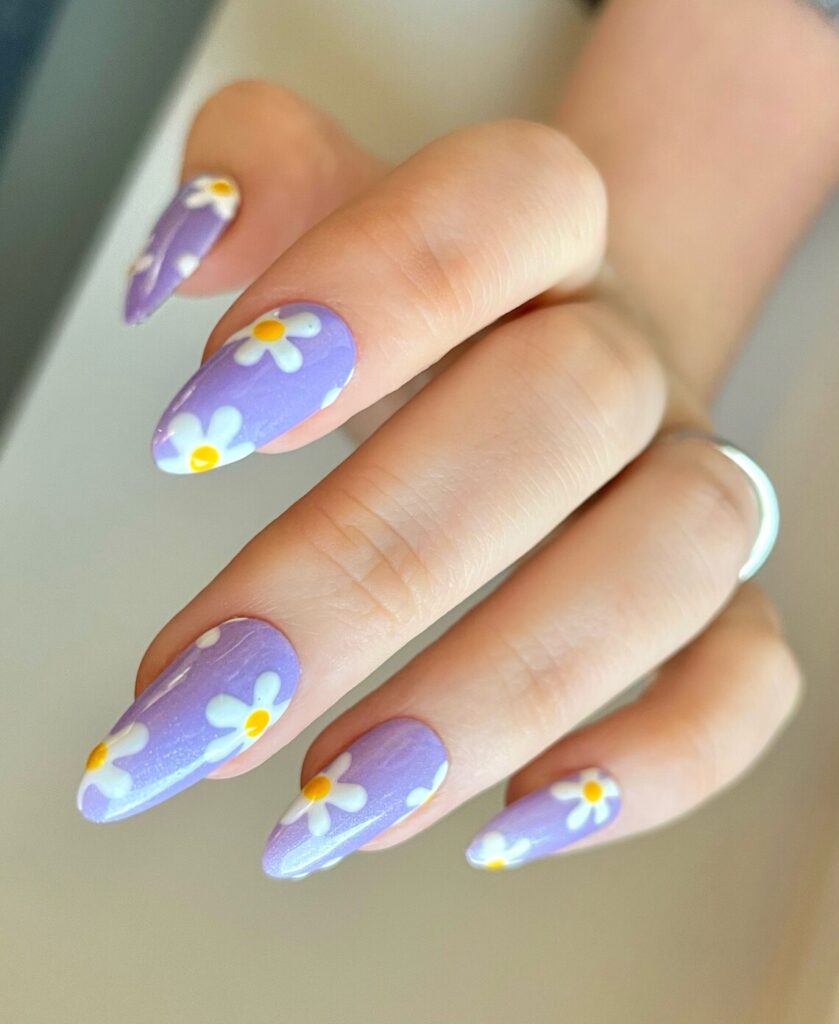 02-Lavender Acrylic Daisy Nails