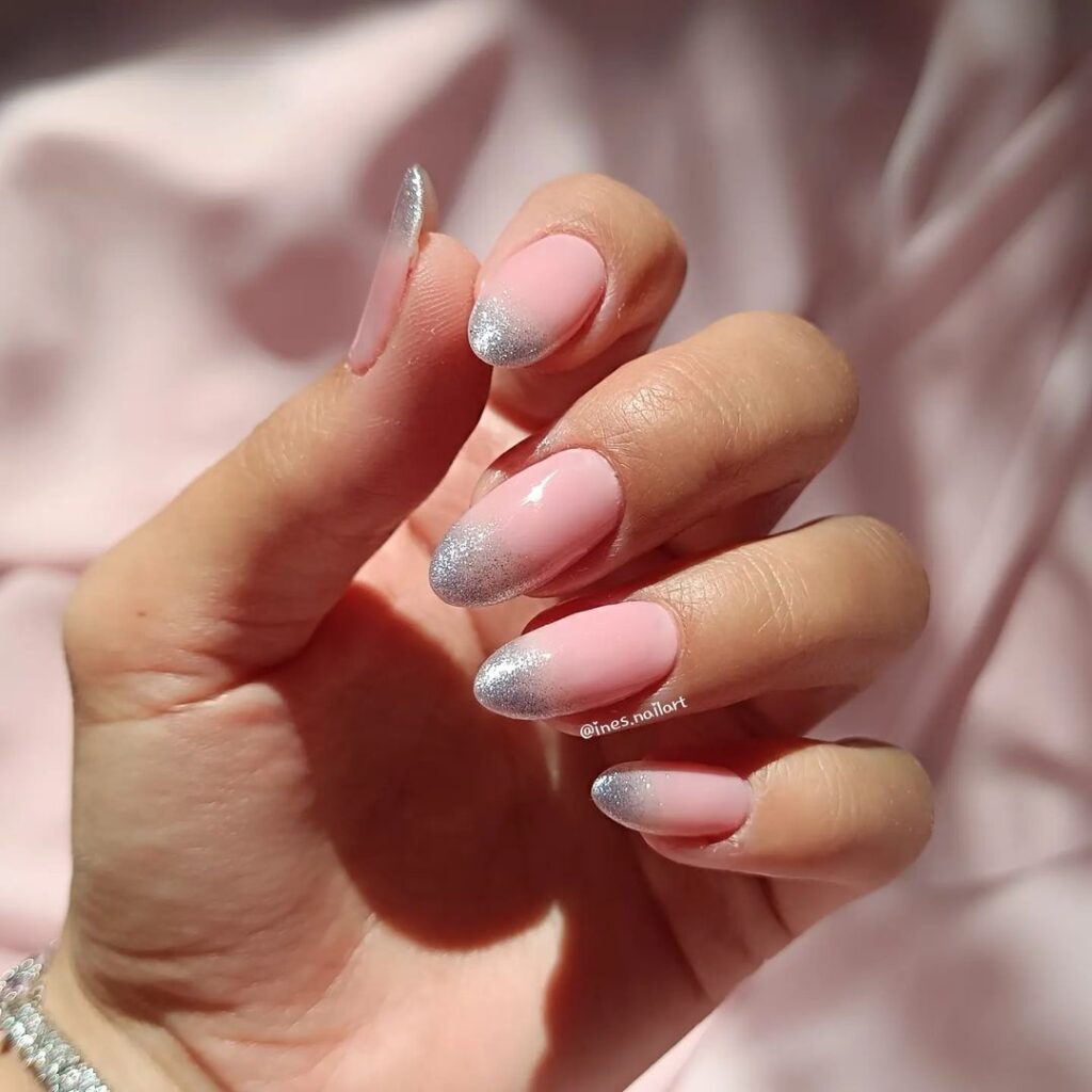 03-Sparkling Nude Pink French Tip Nails J