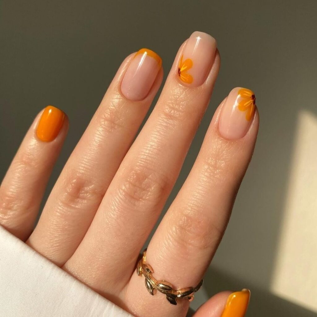 07-Simple Orange Daisy Nails