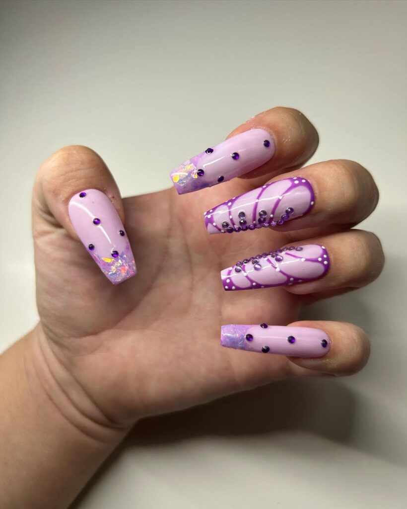 09-Purple Butterfly Rhinestone Nails