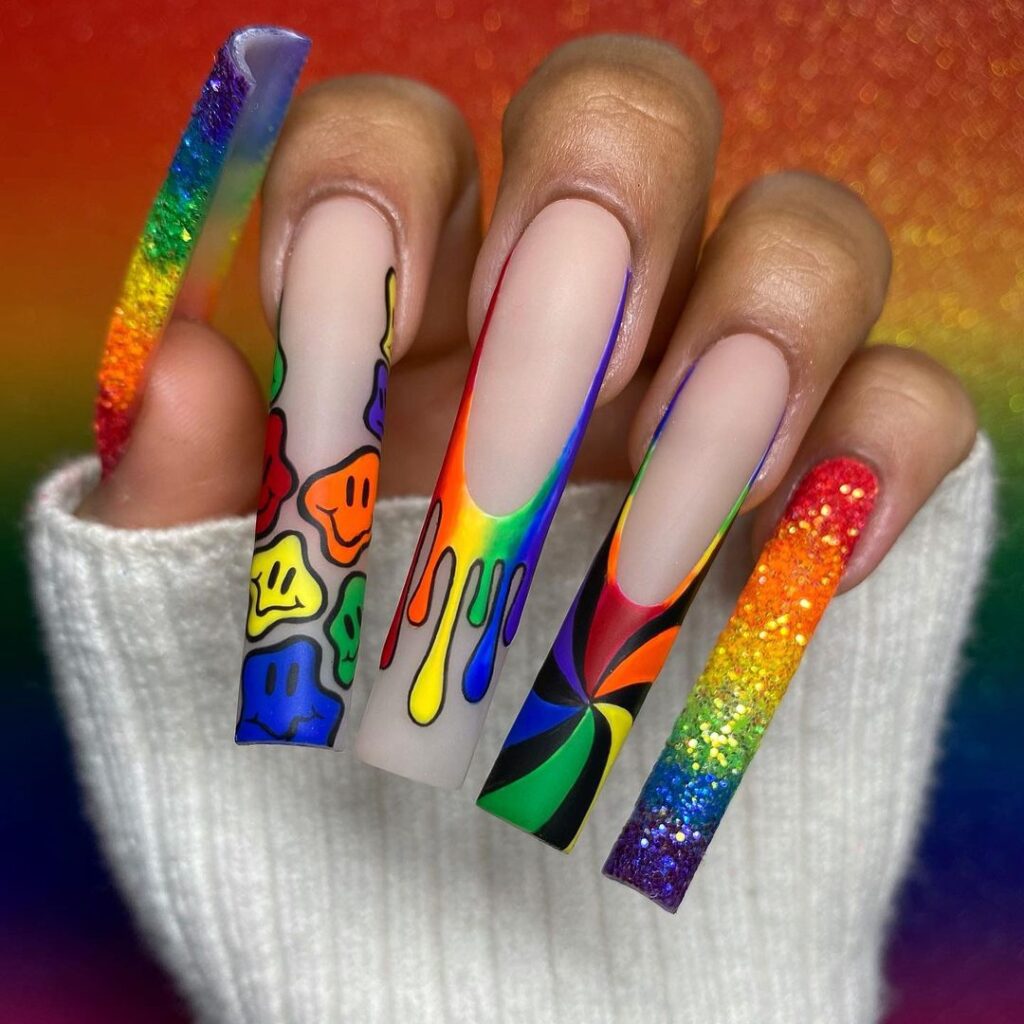 08-Cool Coffin Rainbow Acrylic Nails