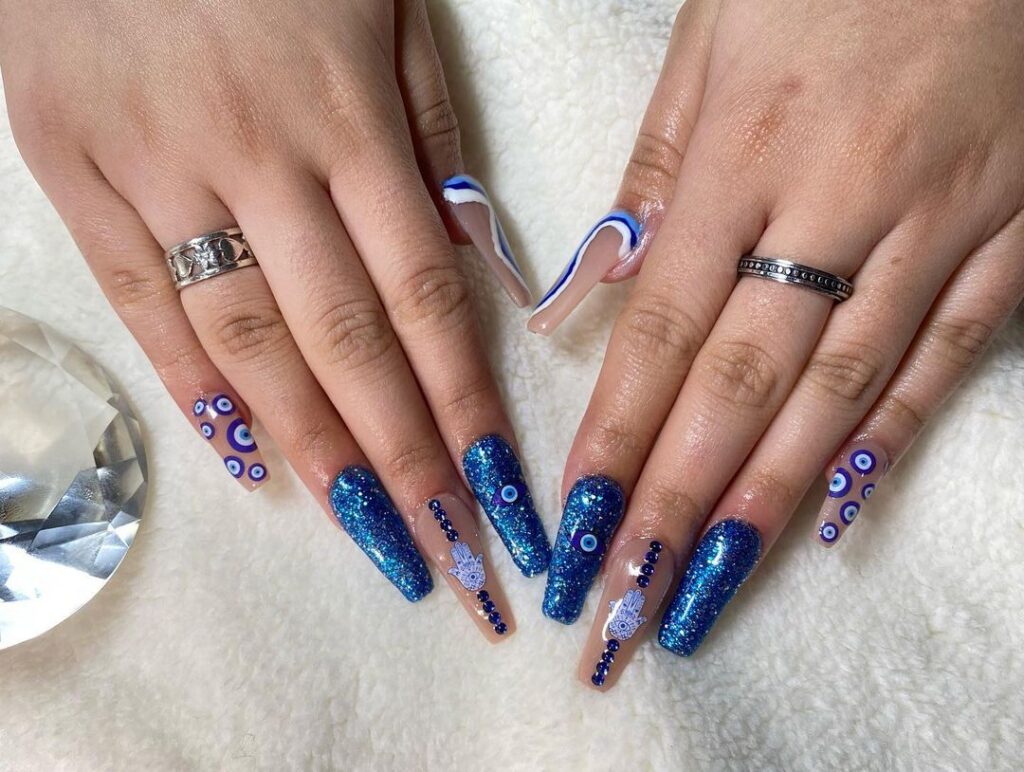 10-Cool Glitter Royal Blue Coffin Nails
