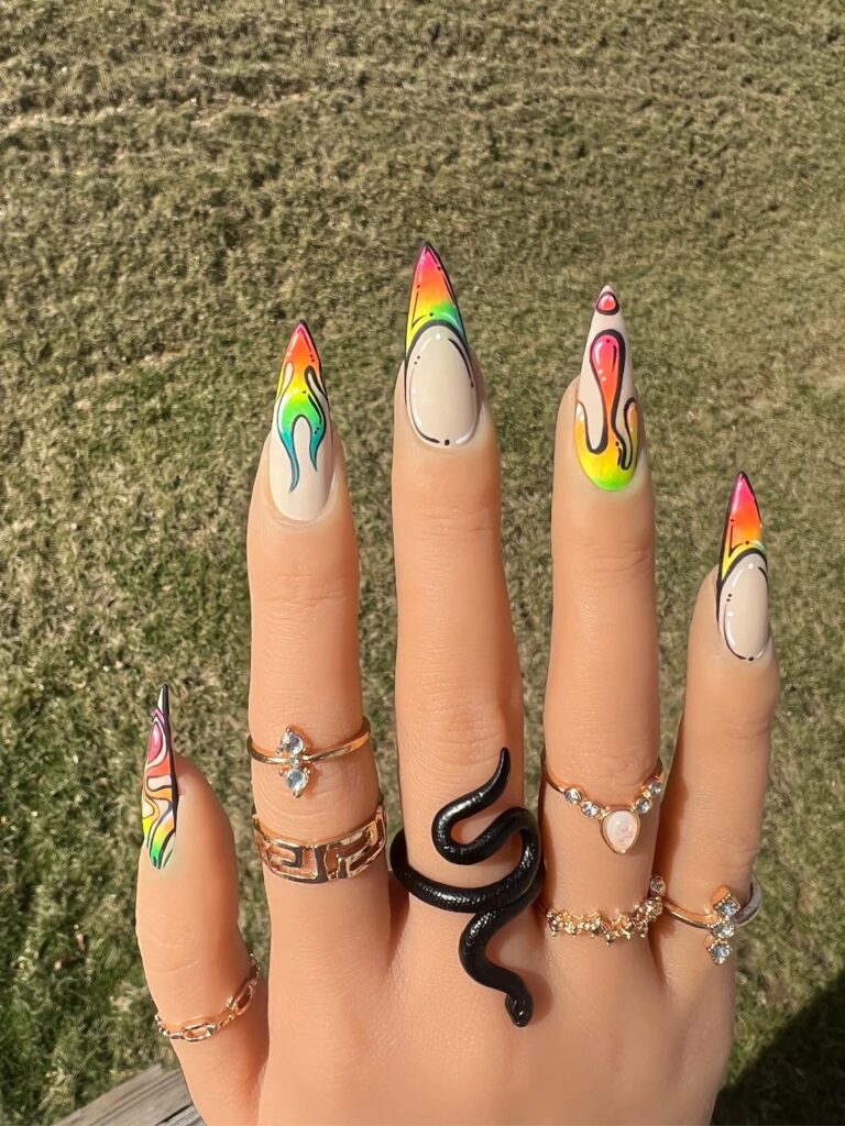 14-Bold Rainbow Stiletto Nails J