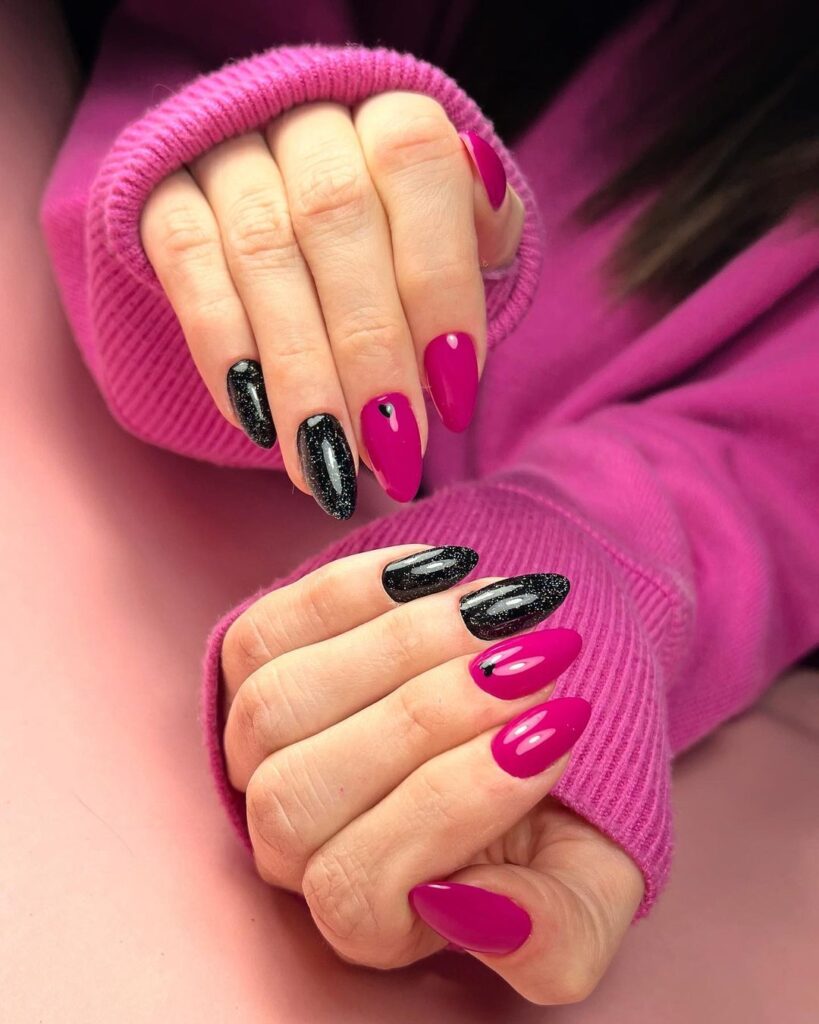 10-Shimmering Pink and Black Almond Nails