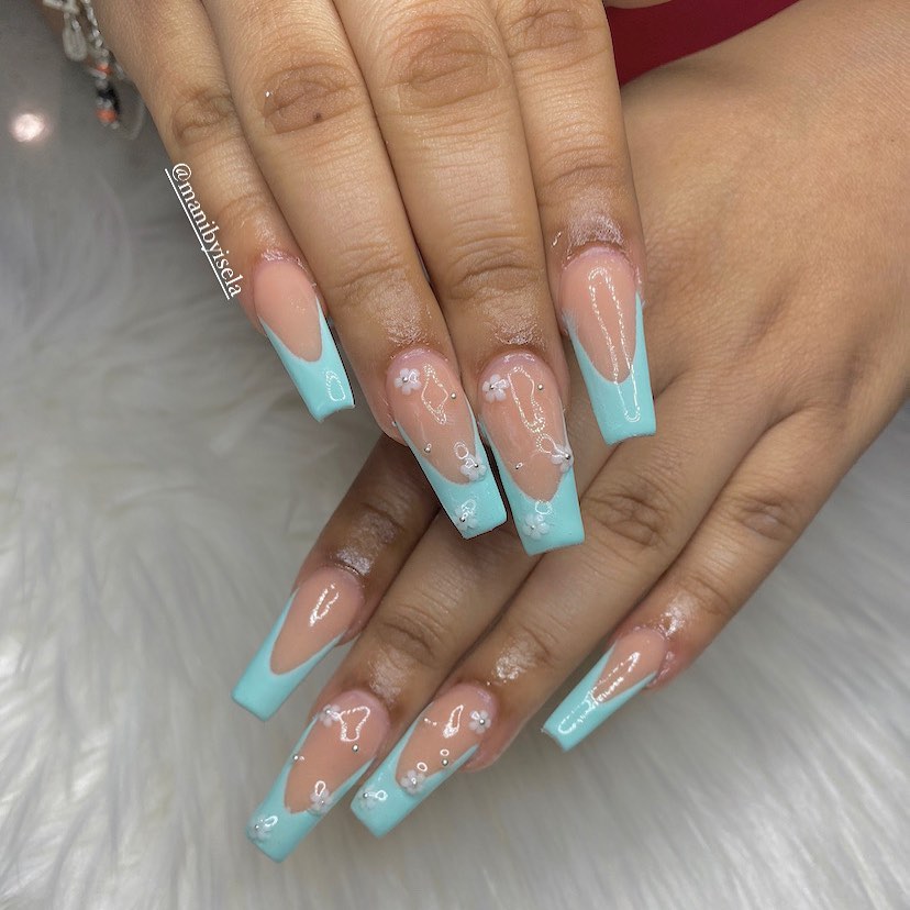 08-Cute Coffin Blue French Tip Nails