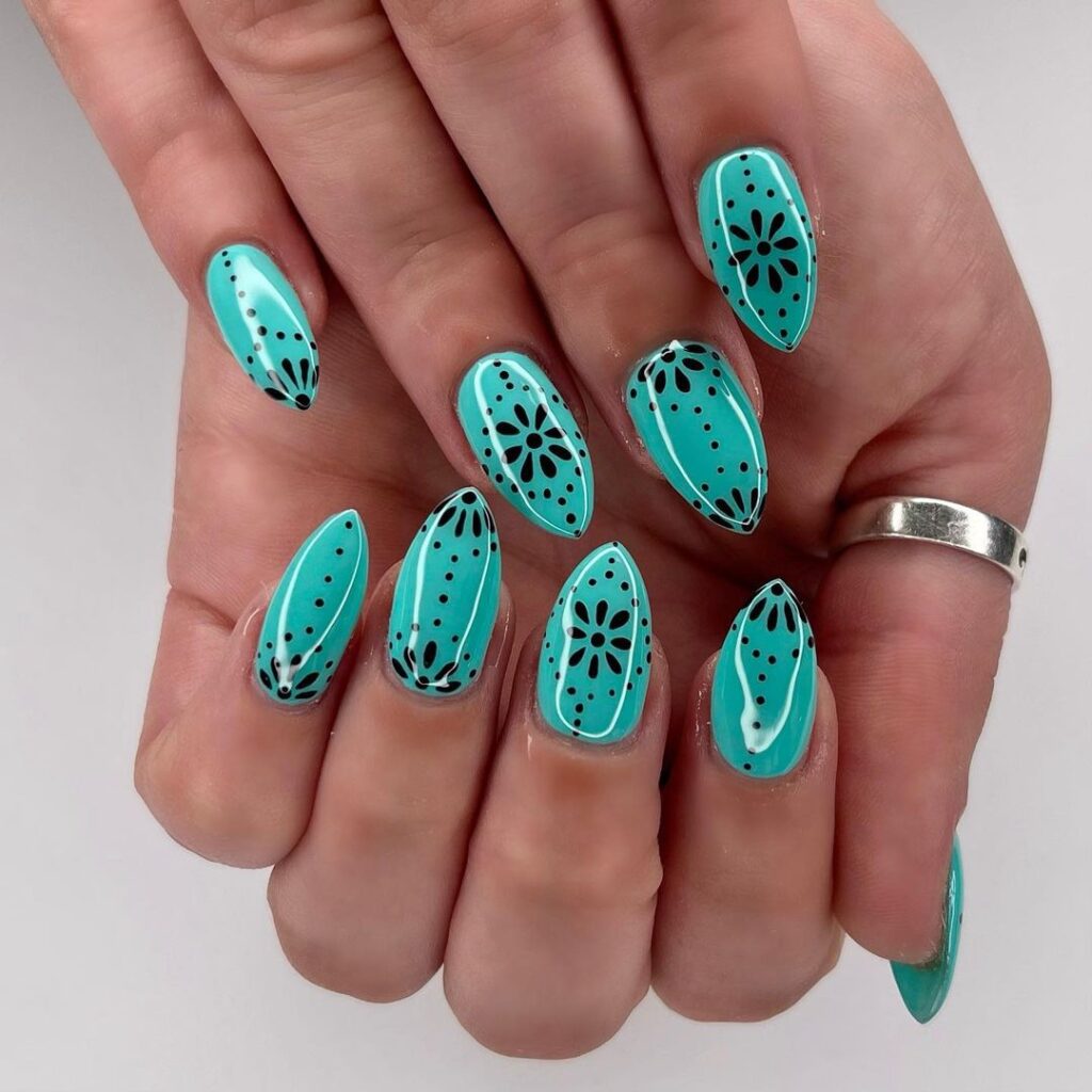 08-Floral Turquoise and Black Nails