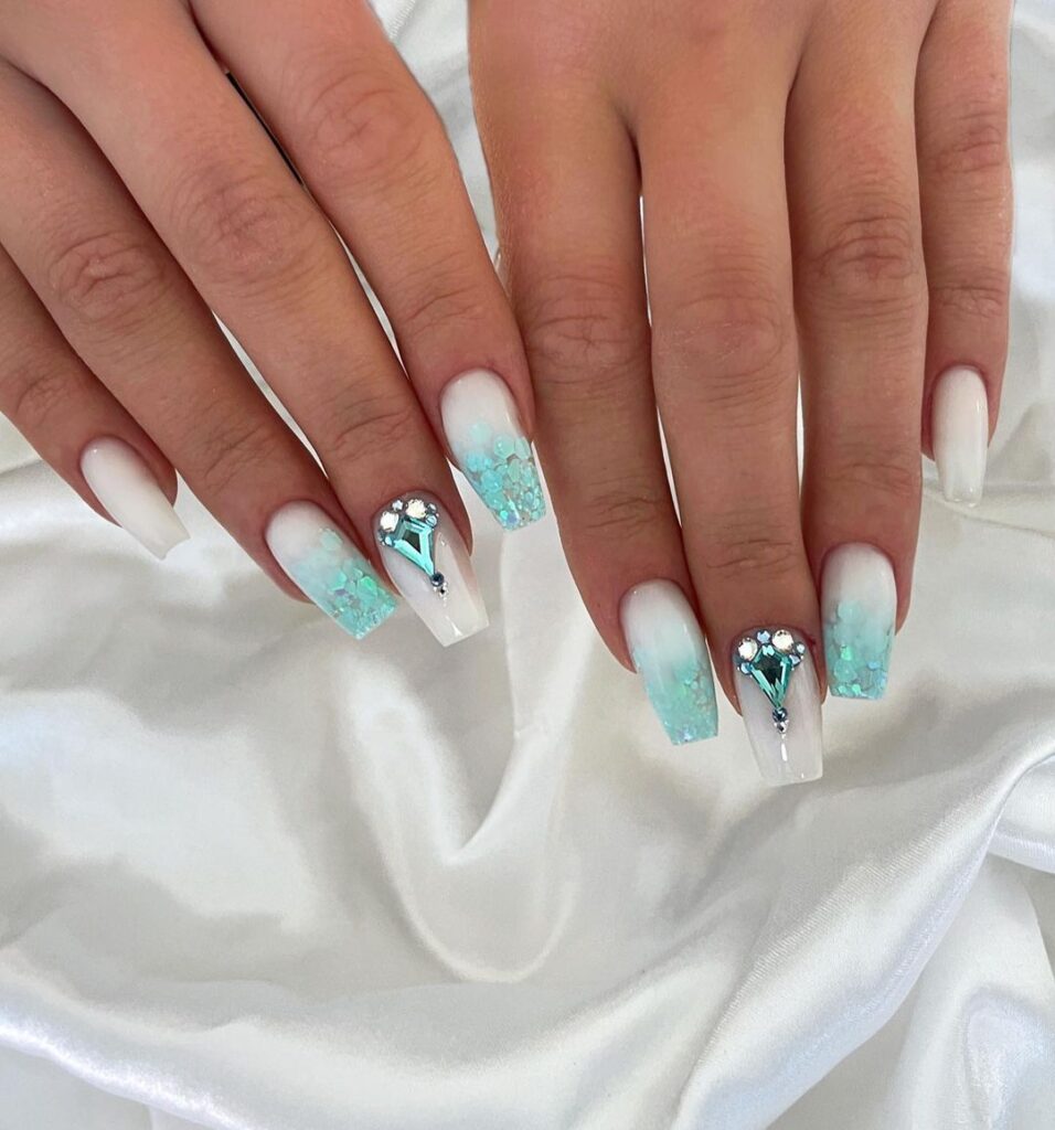 09-Classy Turquoise and White Ombre Nails