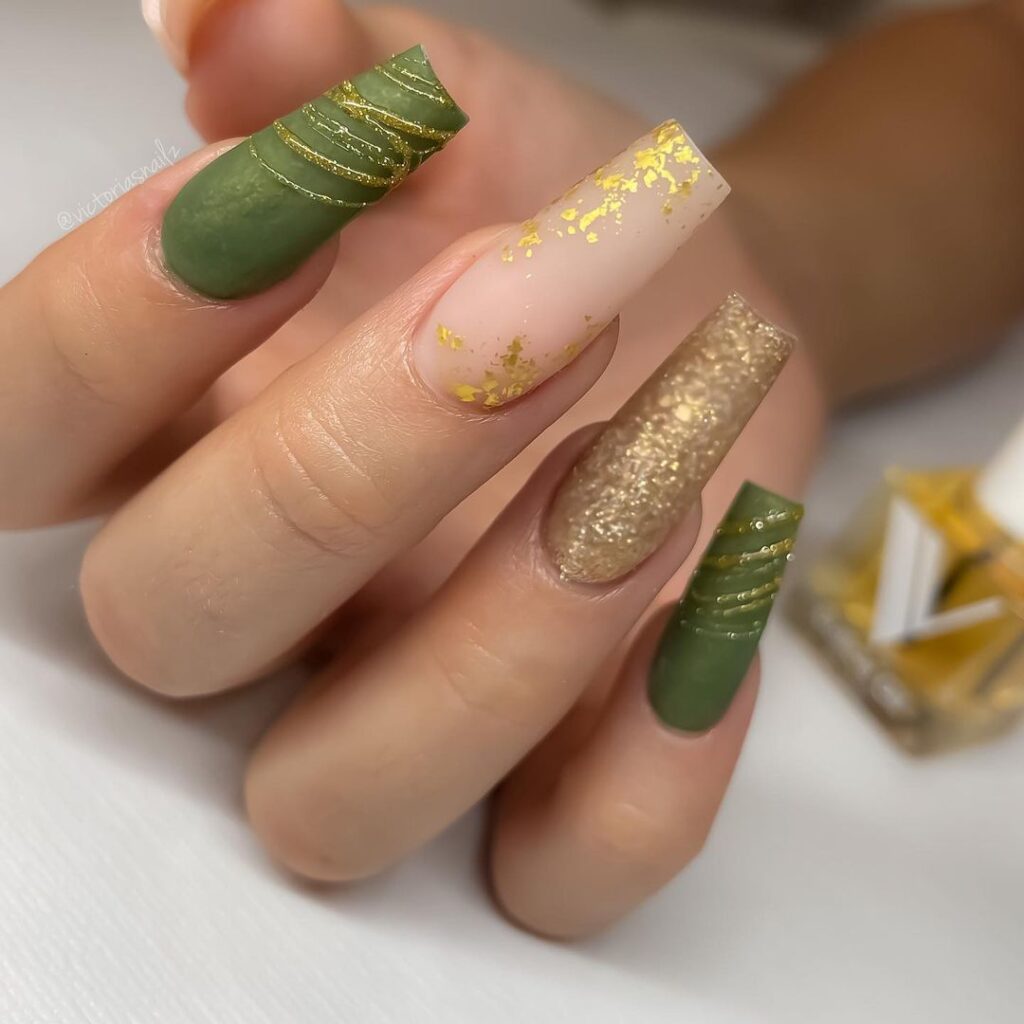 18-Dazzling Olive Green Nails with Gold Flakes