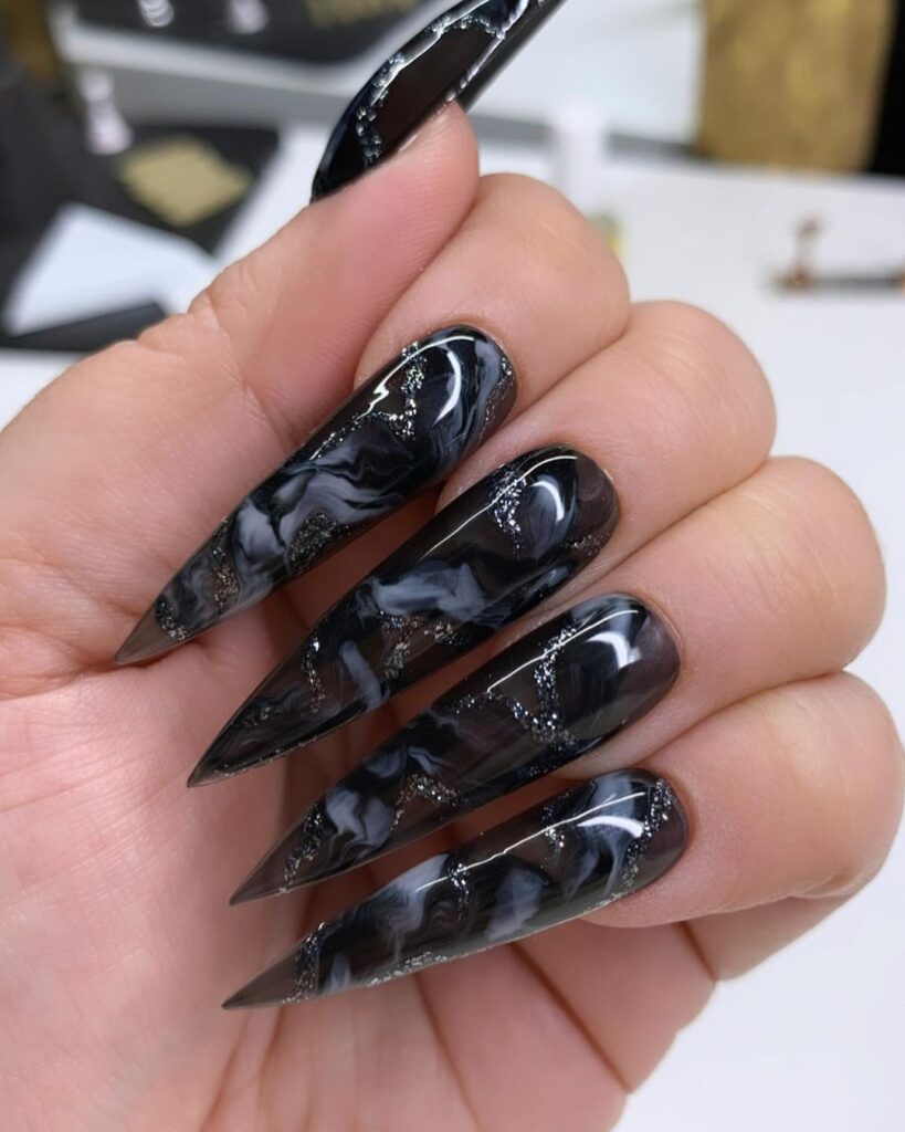 02-Stunning Black Marble Stiletto Nails