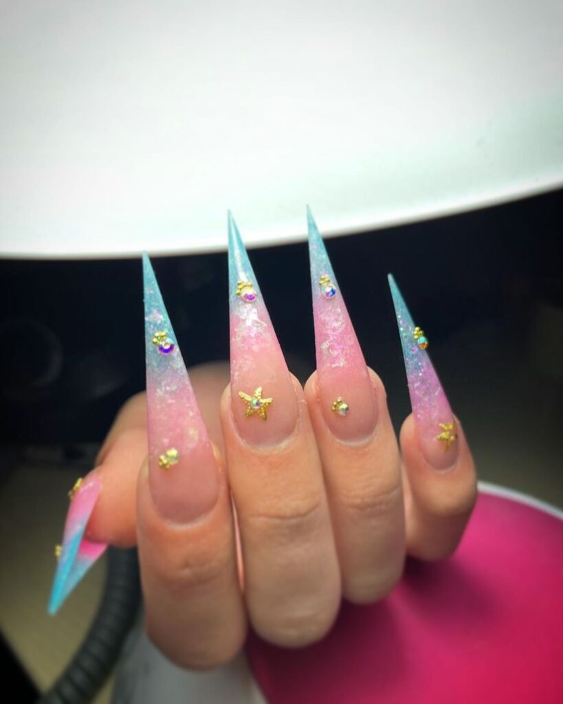 13-Mermaid Long Pink Stiletto Nails French Tip