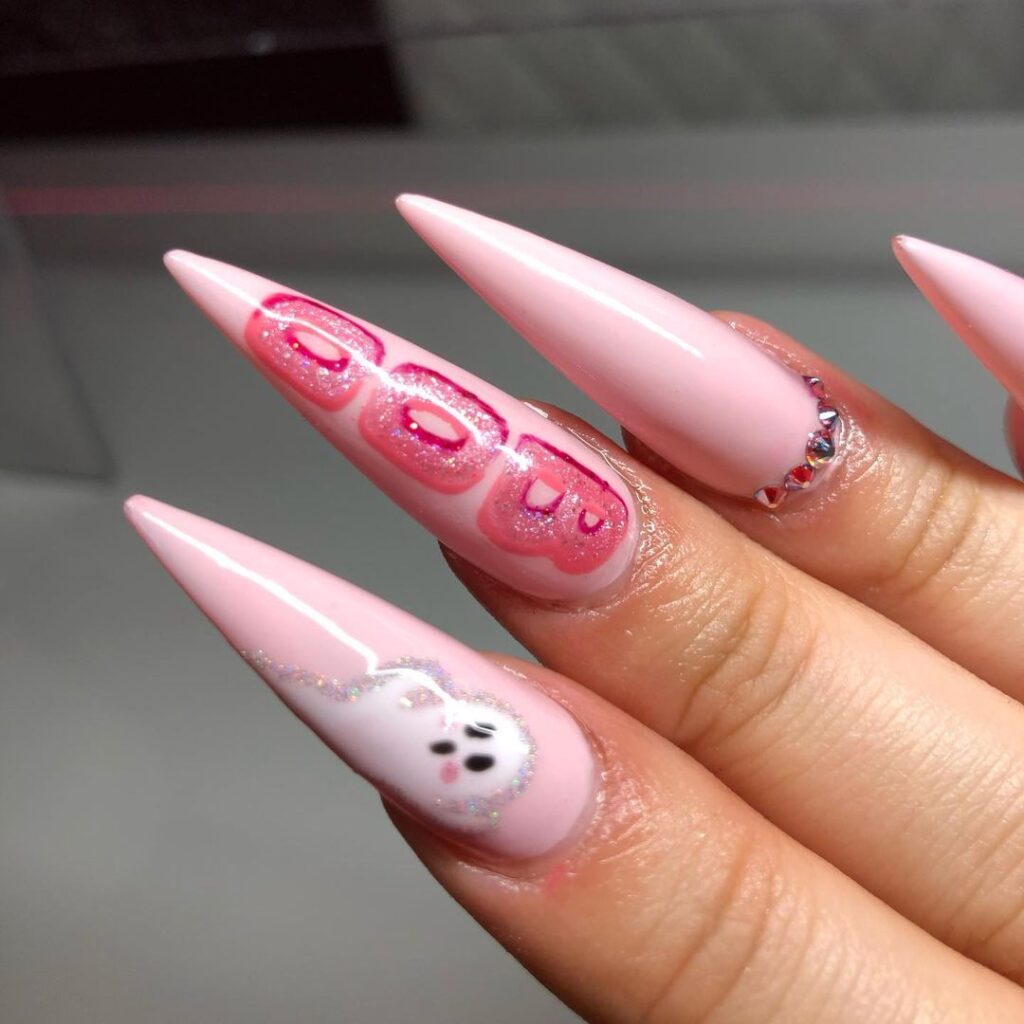 14-Halloween Pastel Pink Stiletto Nails