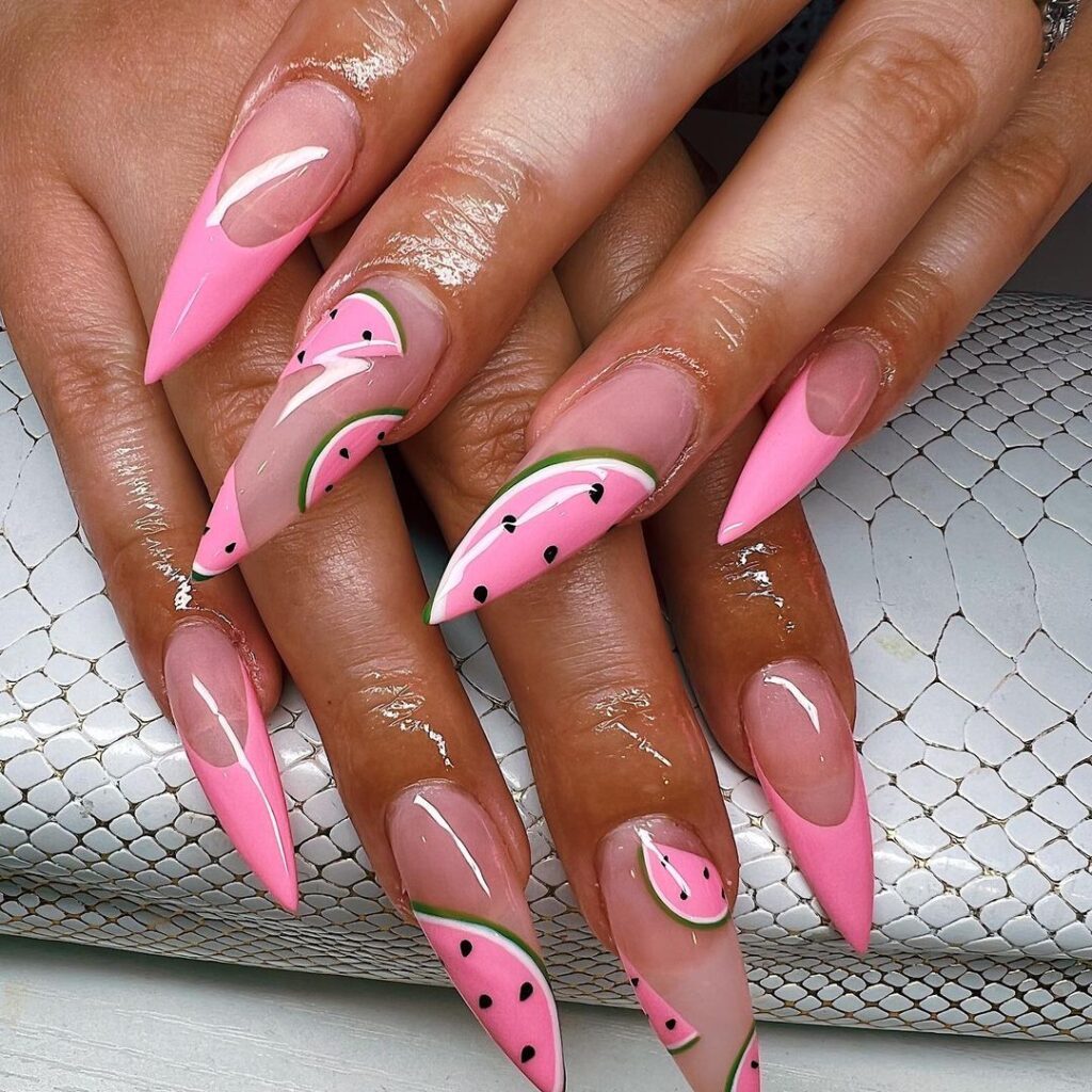 18-Summer Pink Acrylic Stiletto Nails