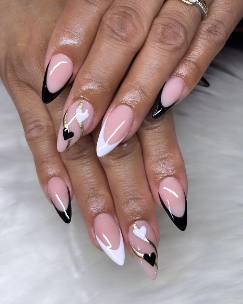 19-Long Black and White Heart Stiletto Nails
