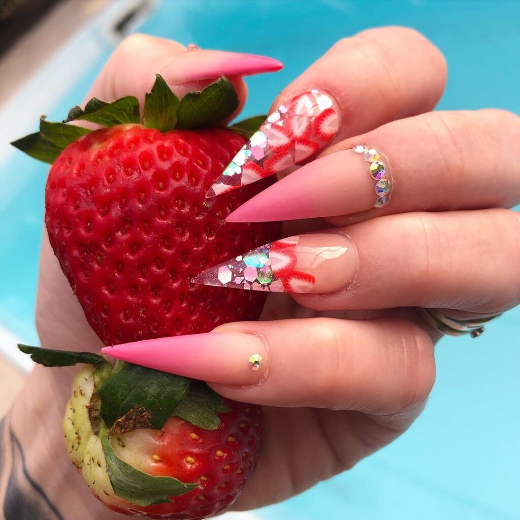 05-Strawberry Long Pink Stiletto Nails
