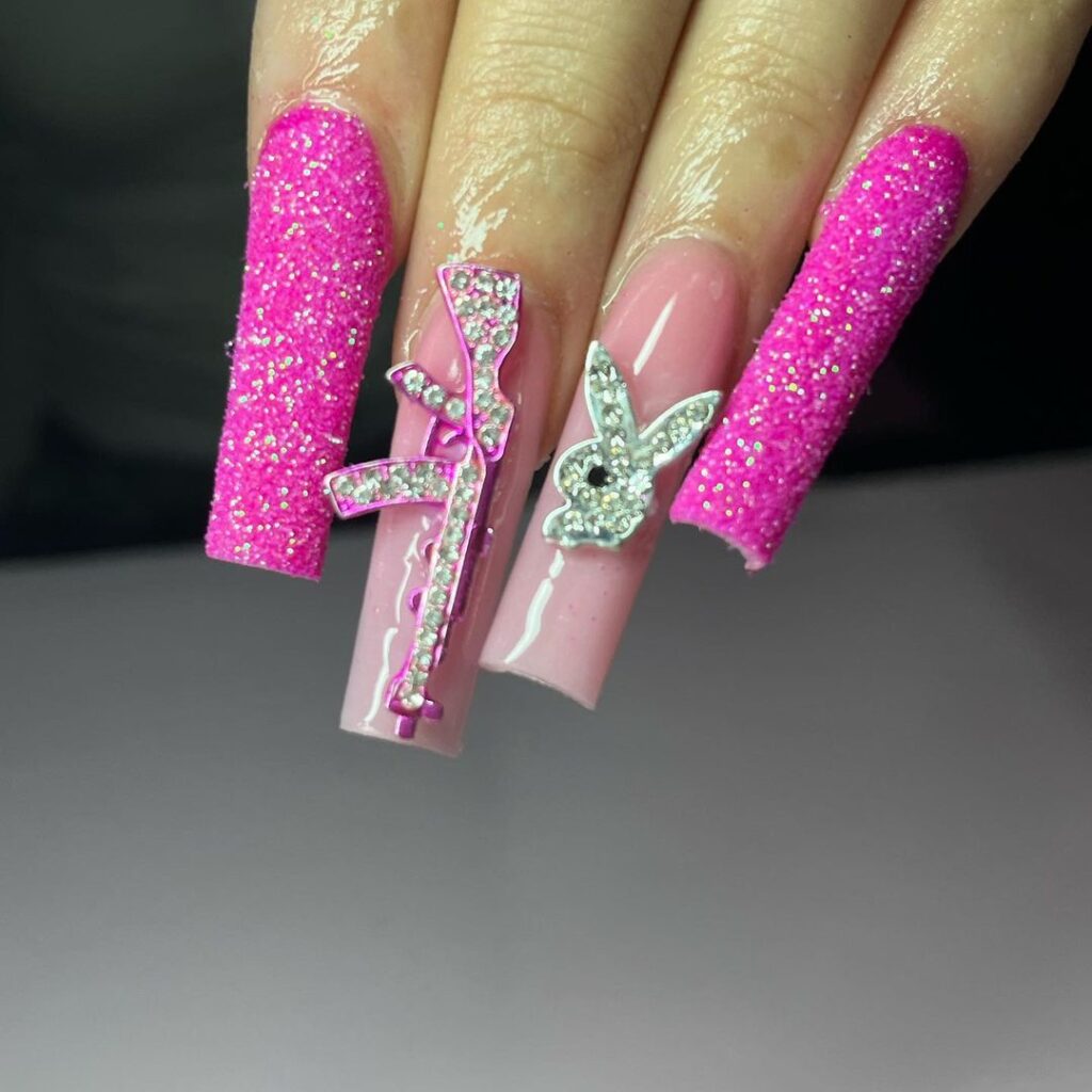 07-Playboy Bunny Long Hot Pink Nails With Glitter