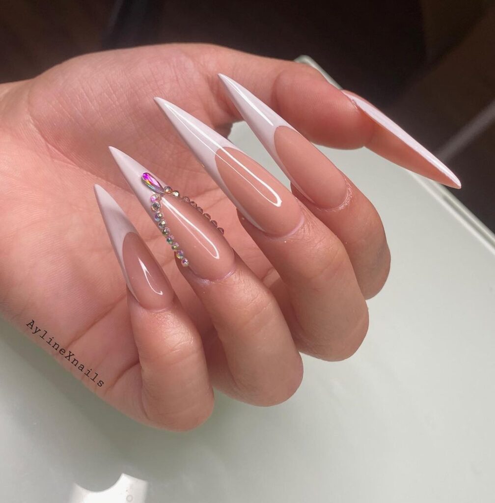 10-Simple French Tip Stiletto Nails with Diamonds