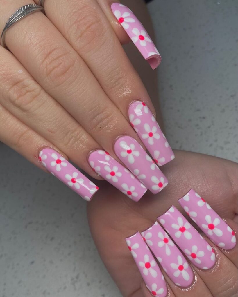 11-Floral Long Square Pink Nails