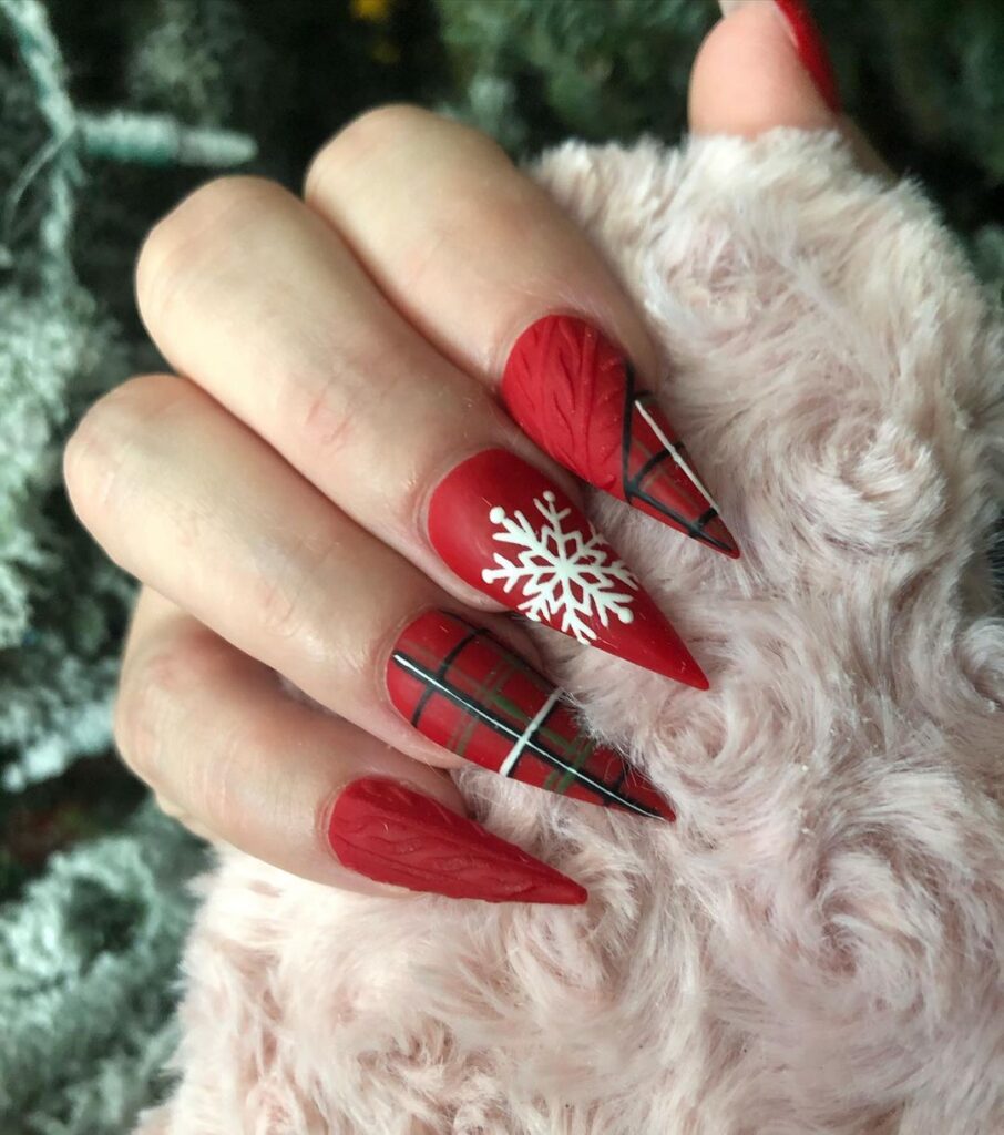 11-Holiday Red Matte Stiletto Nails